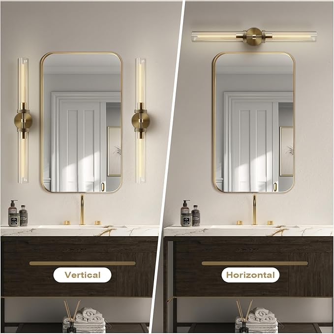 Brass Wall Sconces, 30in Gold 2-Light Double Glass Sconces Wall Lighting, Bathroom Knurled Vanity Light Sconces, Wall Lights for Living Room Bedroom（Including Bulb）