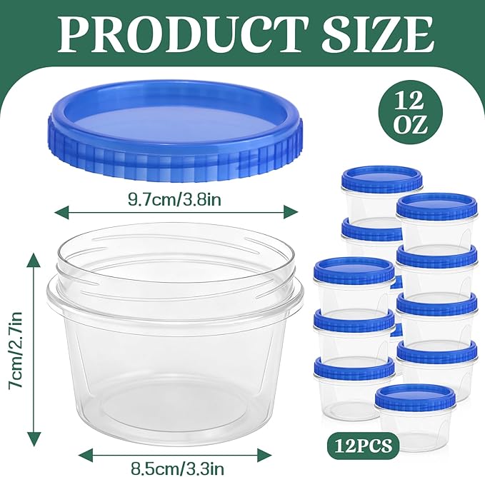 12 Pack Freezer Containers with Screw On Lids, 12 Oz Stackable Reusable Plastic Storage Container, Airtight Plastic Food Storage Containers with Twist Top Lids for Food Soup Jello Sauce