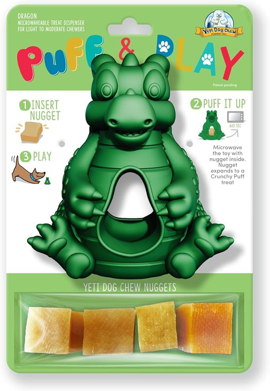 Yeti Dog Chew Puff and Play Interactive Dog Toys, Nuggets Dog Treat Dispenser Teething, Behavior Training for Light to Moderate Chewers, (Green - Dragon)