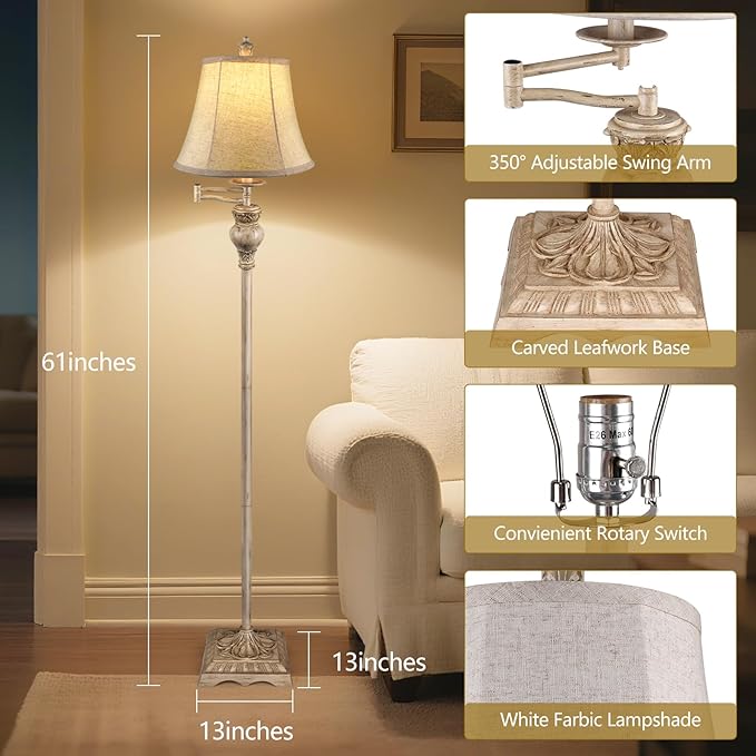 PARTPHONER Vintage Floor Lamps for Living Room,Traditional 350° Adjustable Swing Arm Farmhouse Floor Lamp for Bedroom, Rustic Standing Lamp Pole Lamps for Reading, Home Décor and Office, White