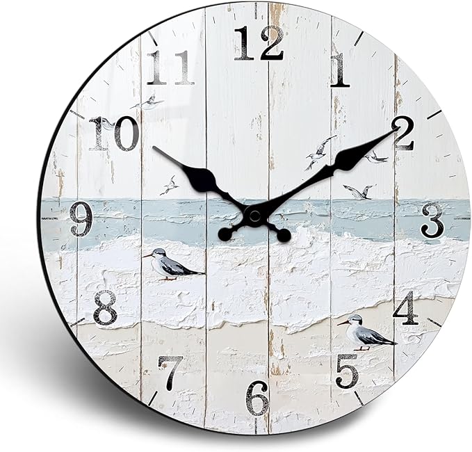 Oversized Quiet Wall Clock for Office Decor 24 Inch Rustic Circular Wooden Clocks Blue Coast Wall-Clock for Farmhouse Living Room Vintage Decor Battery Powered