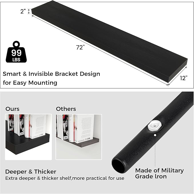 Floating Shelves for Wall, 72 Inch Wide x 12 Inch Deep Floating Shelves, Long Wood Floating Wall Shelf Shelves for Living Room Bathroom Bedroom Kitchen Home - (Black, 72" W x 12" D x 2" H)