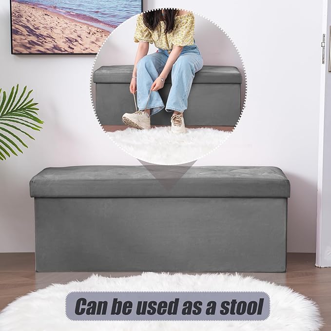 BRIAN & DANY 43 Inches Folding Storage Ottoman Bench, Velvet Ottoman with Storage for Living Room, Long Shoes Bench,Flannelette Footrest Benches Seat (Grey)