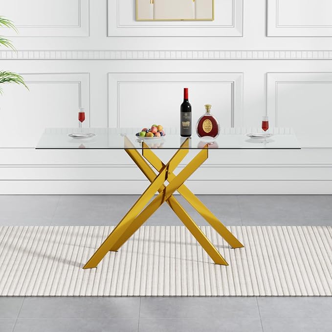 Goujxcy 5 Piece Glass Dining Table Set Modern Glass Dining Table Set for 4, 51" Rectangular Kitchen Table and 4 Velvet Upholstered Chairs for Kitchen Dining Room, Gold Table & Green Chair