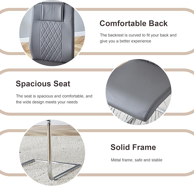 AZmac 63" Modern Dining Table Set for 6, White Dining Room Set for 6, Tempered Glass Kitchen Table and PU Leather Chairs, Marble Pattern Top with Sturdy Silver Chrome Base