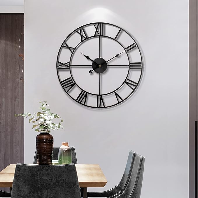 1st owned Large Wall Clock, Metal Retro Roman Numeral Clock, Modern Round Silent Wall Clocks, Easy to Read for Living Room/Home/Kitchen/Bedroom/Office/School Decor (Black, 18.5 Inch)