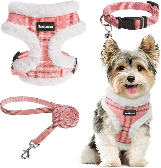SCENEREAL Dog Harness Collar and Leash Set, Warm Fleece No Pull Puppy Vest Harnesses No Chock Adjustible Step in Small Pet Halter for Outdoor Walking Training, Pink Plaid XS