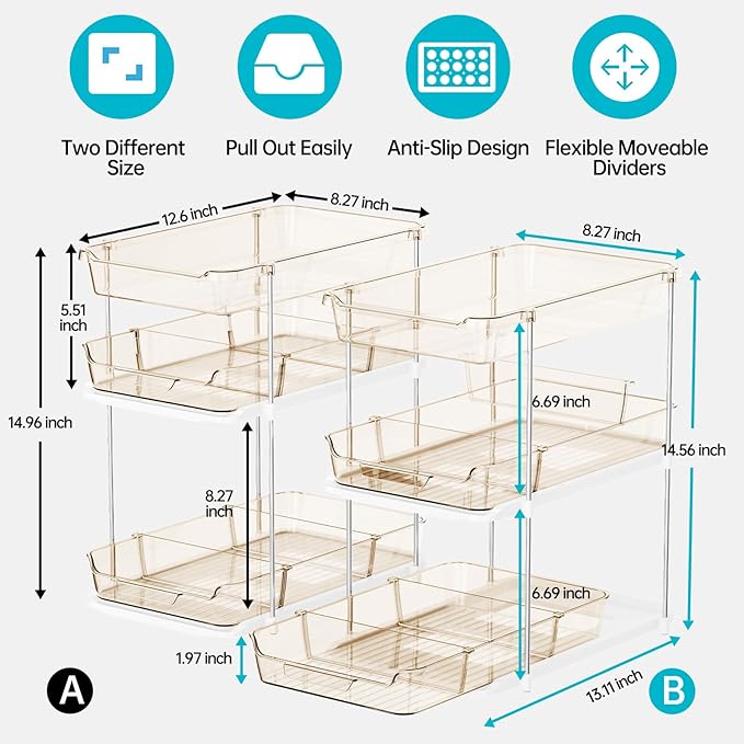 Delamu 2 Pack 3-Tier Bathroom Under Sink Organizers and Storage, Multi-Purpose Stackable Pantry Organization and Storage, Pull Out Clear Kitchen Bathroom Cabinet Organizer with Movable Dividers, Amber