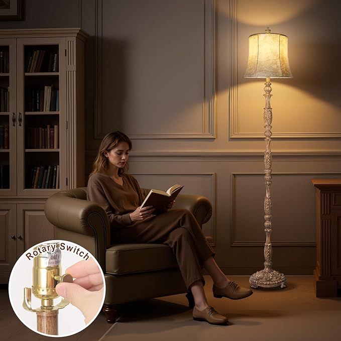 Scenekoy Vintage 66” Tall Floor Lamp for Living Room Bedroom, Resin Carved Standing Lamp with Faux Leather Shade, Adjustable Bulb, Rotary Switch Rustic Lamp for Home Decor (Light Brown)