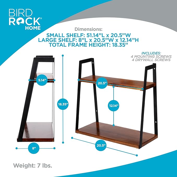 BIRDROCK HOME 2-Tiered Wall Shelf - Wood Metal Floating Wall Shelves - Home Decor - Decorative Hanging Shelves - Rustic Farmhouse - Bathroom Bedroom Living Room