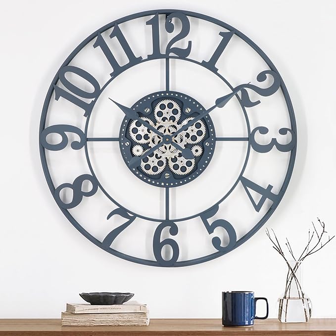 29 Inch Large Wall Clocks for Living Room Decor with Moving Gears,Large Wall Clock Industrial Steampunk,Oversized Metal Analog Wall Clocks for Farmhouse Home Battery Operated