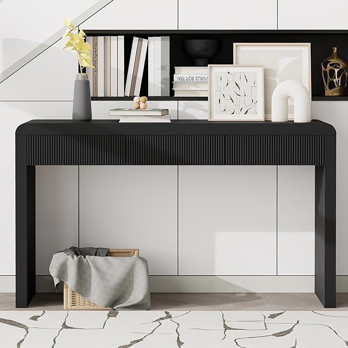 55”Curved Rustic Console Table with 3 Fluted Drawers,Solid Wood Veneer Entry Table Foyer Hallway Table, Narrow Sofa Table Natural Wood Grain for Living Room, Hallway (Black)