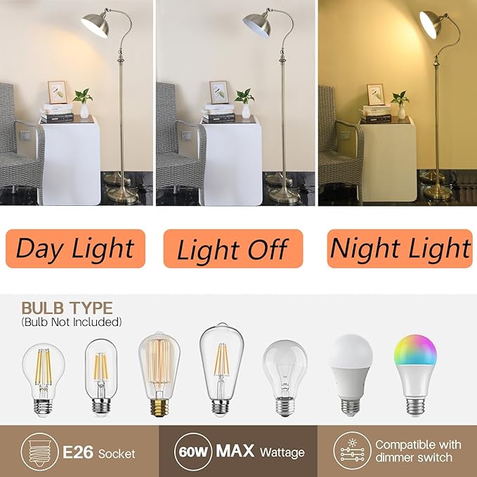 MIXL-Antique Bronze Arched Floor Lamp,Dome Shade Adjustable Standing Lamp,Flexible Behind The Couch Lamp,Vintage Style Floor Light for Study Room Nursery and Bedside