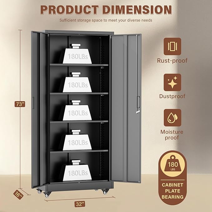 INTERGREAT Metal Storage Cabinet with Wheels, 73" H Rolling Metal Cabinets with Doors and Shelves, Black Steel Lockable Cabinet on Wheels for Garage Storage