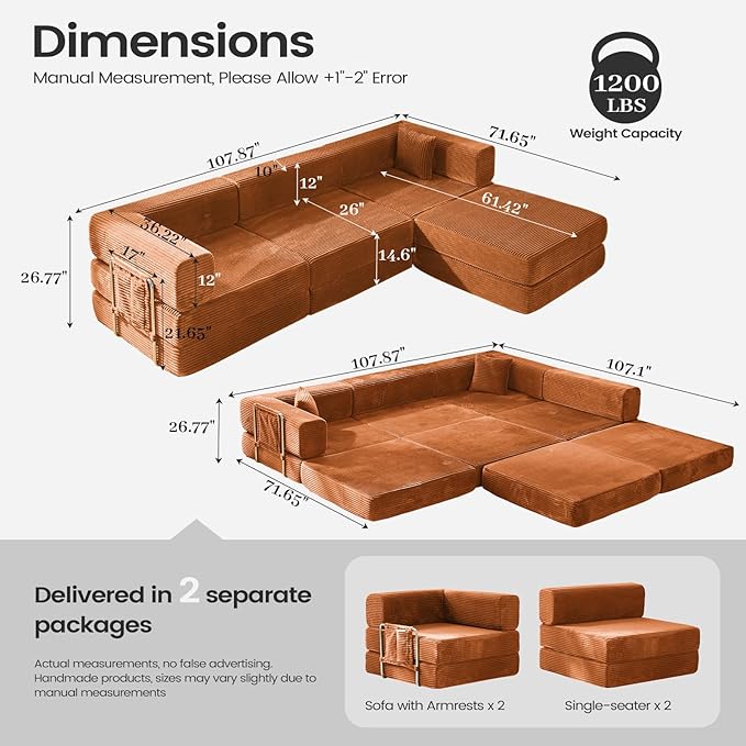 Folding Sofa Bed Convertable Corduroy Couch King Size Floor Sleeper 4-in-1 DIY Combination Modular Sofa Fold Out Futon Lounge Comfy Foldable Lazy cama for Living Room (Orange)