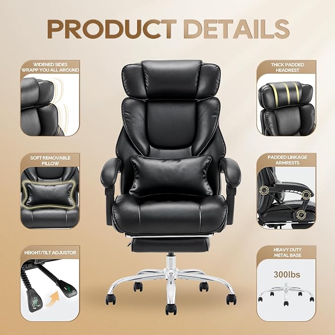 COLAMY Office Chair with Retractable Footrest, Ergonomic High Back Design Executive Computer Desk Chair with Removable Lumbar Pillow, 90-135°Reclining, Thick Bonded Leather, 2 PCs, Black