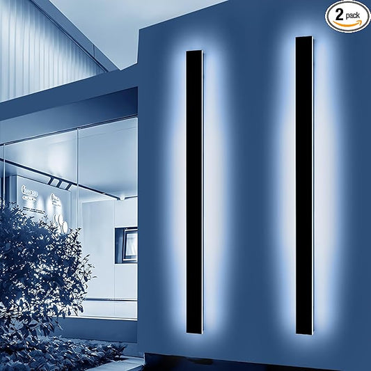 2 Pack 71inch Exterior Wall Light Fixture, 6000K Cold White Modern Long Outdoor Wall Sconce, IP65 Waterproof, 60W, Black Minimalist Outside LED Strip Lights for Garage, Patio, Balcony, Fence