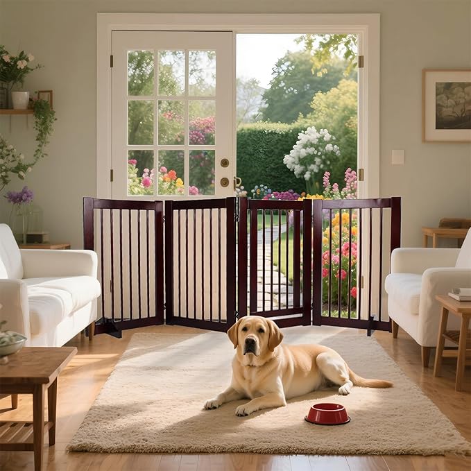 Wooden Free Standing Dog Gate with Door Walk Through, 30 inch 4 Panels Pet Gate for Dogs with 2 Support, Folding Dog Gate Indoor for Stairs, Doorways, Living Room (Brown, 4 Panel - 30")