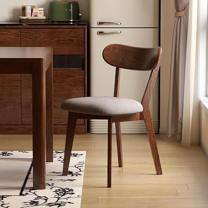 100% Solid Wood Upholstered Dining Chairs, Mid Century Modern Oak Dining Chairs with Curved Back Design with Butterfly Wing Shape for Kitchen, Dining Room, Restaurant (1PK, Walnut Color-Gray Cushion)