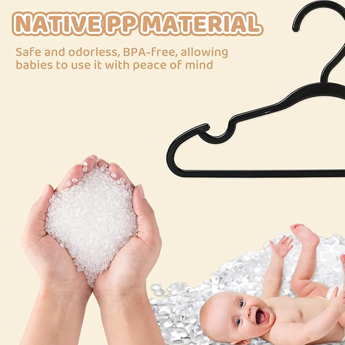 60 Pack Black Baby Hangers 11.42 Inch - Kids Non-Slip Clothes Hangers for Infant & Child, Durable Plastic Children's Hangers for Closet, Pants, Coats, Skirts