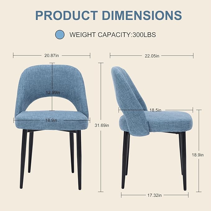 Modern Dining Chairs, Fabric Upholstered Accent Kitchen Chairs with Comfy Padded Seat & Sturdy Metal Legs, Side Farmhouse Chairs for Dining Room, Living Room, Restaurant (Blue, Set of 4)