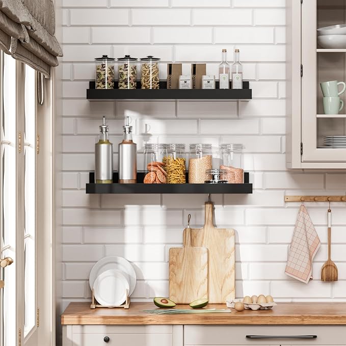 Heimlove Floating Shelves Set of 6, 16" Wall Mounted Picture Ledge, Display Shelf Organizer for Decor Storage, Wall Mounted Shelves for Living Room, Bedroom, Bathroom, Kitchen (Black)