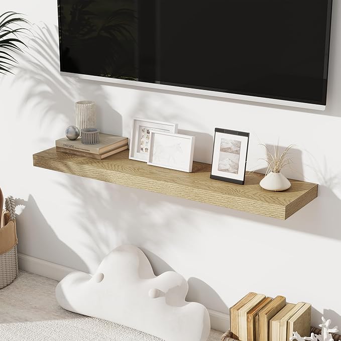 Fun Memories 40" Floating Shelves for Wall, 8 Inch Deep Floating Shelf for Books, Deep Bathroom Shelves Wall Mounted, Rustic Display Shelf for Kitchen, Bedroom, Living Room, Oak Color, 2 Pack