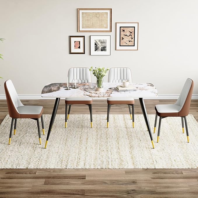 Modern Dining Table Set for 4, 62'' Sintered Stone Dining Table with 4 Chairs, Easy to Assemble