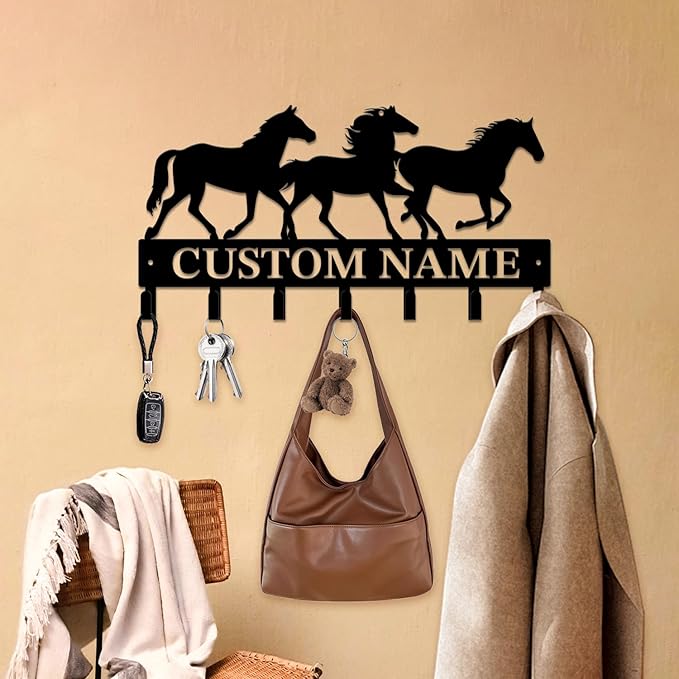 Personalized Custom Name Farm Horse Wall Key Hooks,Metal Horse Art Clothes Hooks,Metal Horse Wall Home Storage Decorative,For Front Door, Hallway, Kitchen, Bedroom,Keys,Hats (Style G)