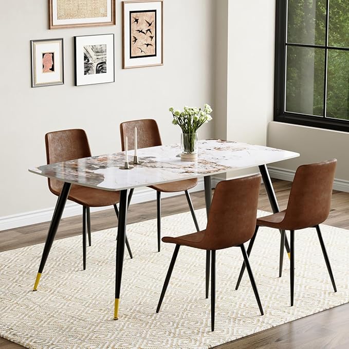 Modern Dining Table Set for 4, 62'' Sintered Stone Dining Table with 4 Chairs, Easy to Assemble