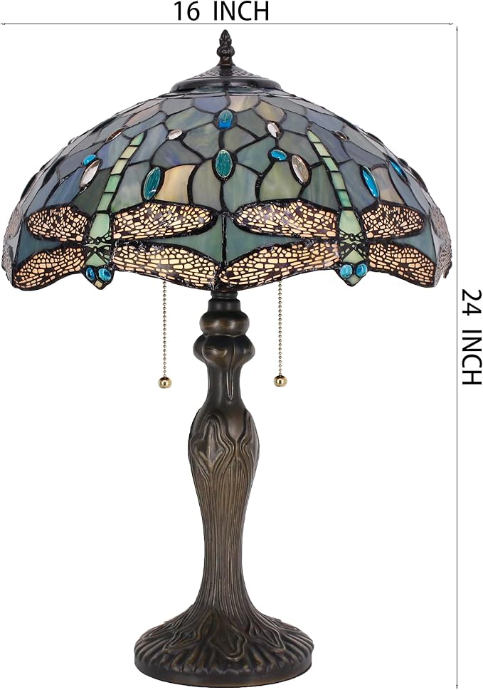 Tiffany Table Lamp Sea Blue Stained Glass Dragonfly Style 16X16X24 Inch Antique Reading Light