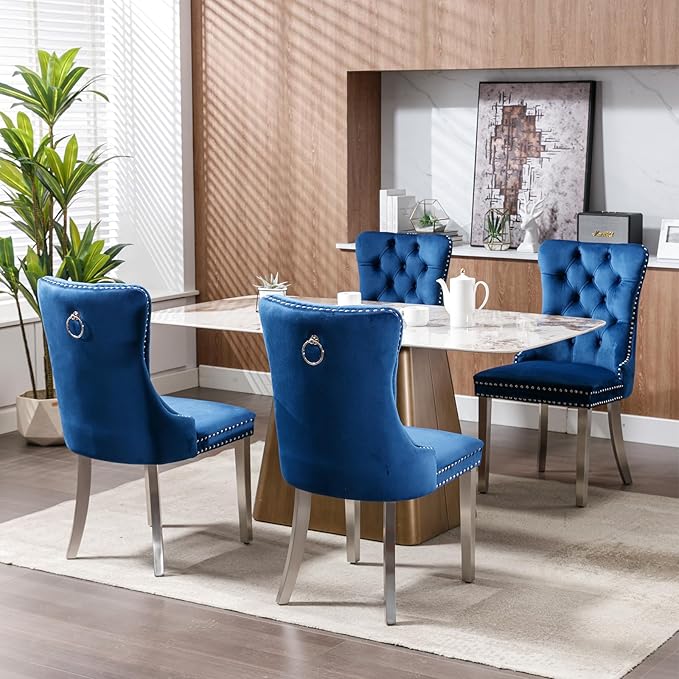 Luxury Upholstered Dining Chairs Set of 6, Blue Kitchen Chair with Silver Metal Legs, Velvet Tufted Back Dining Chair, Sillas de Comedor, Modern Kitchen & Dining Room Chairs (Blue, 6 Pcs)