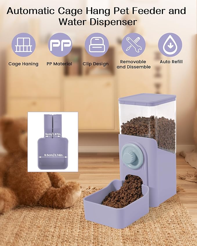 Hanging Automatic Pet Food Dispenser, Auto Gravity Rabbit Ferret Bunny Hedgehog Feeder Dispenser, Cat Dog Food Bowl for Cage Hanging (Purple)