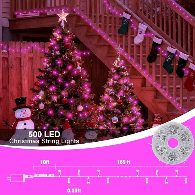 QITONG Pink Christmas Lights Outdoor, 165ft 500 LED String Lights Plug in, Clear Wire Twinkle Xmas Lights Indoor with 8 Modes