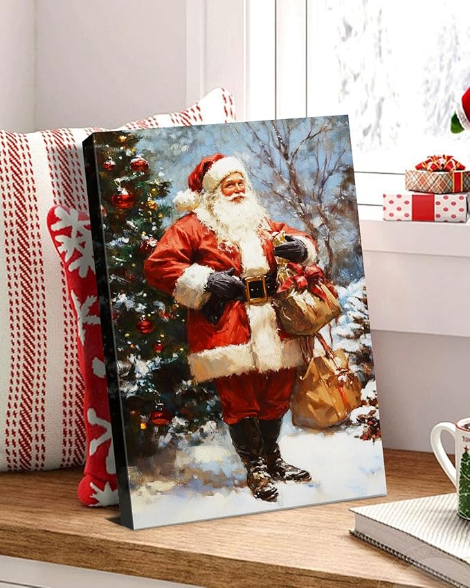 Vintage Santa Claus Christmas Canvas Wall Art - Festive Holiday Painting for Living Room,Bedroom & Bathroom, Cozy Winter Decor Framed Print, Perfect Christmas Gifts & Home Decoration