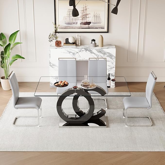 63'' Glass Dining Table Set for 4, Kitchen Table Chairs Set of 4, Clear Glass Dining Table with Black unique design Leg and Silver Metal Base, 4 PU Dining Chairs with Metal Legs, Living Room, Kitchen.