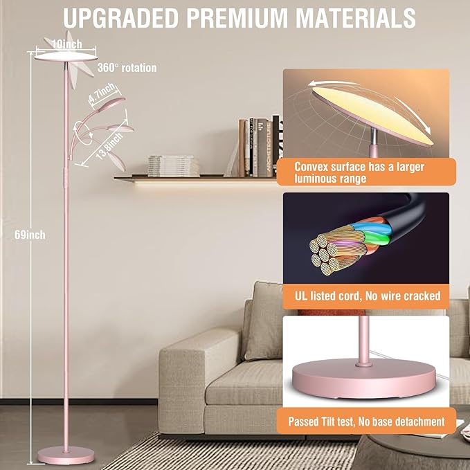 Pink Floor Lamps for Living Room, 44W/4500LM Super Bright 2 in 1 LED Floor Lamp with Remote, Stepless Dimmable, 69" Tall Standing Floor Lamp with Bendable Reading Light for Bedroom Office