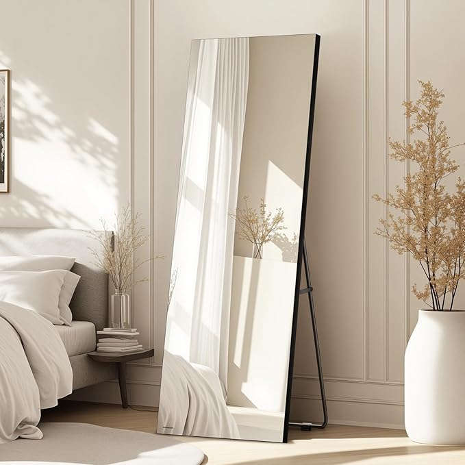 Kosmonia 65x24 Frameless Full Length Silver Coating Mirror w/Distortion Free, HD Reflection &Anti Desilvering, Tempered Glass & Shatter Proof Film Doubling Safety, Easy Setup w/Stand, Wall/Standing