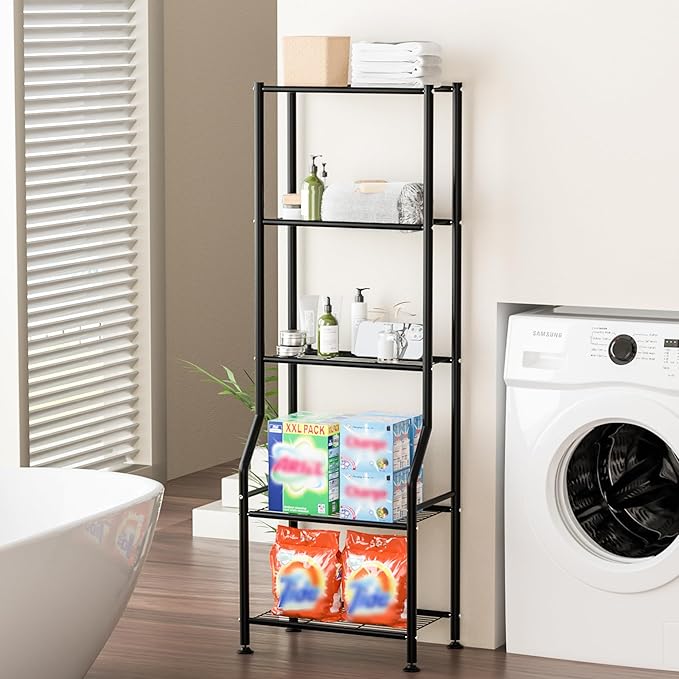 5-Tier Narrow Storage Shelves, 500LBS Total Capacity Metal Wire Rack with Leveling Feet, Rust-Resistant Organizer for Small Space, Kitchen, Bathroom, Garage, Pantry, Laundry Room, Black