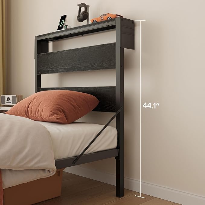 Bestier Twin Bed Frame with Storage Headboard and Charging Station, Black Platform Bed Frame with LED Light, Non-Slip Metal Bed Frame, Noise-Free, Easy Assembly