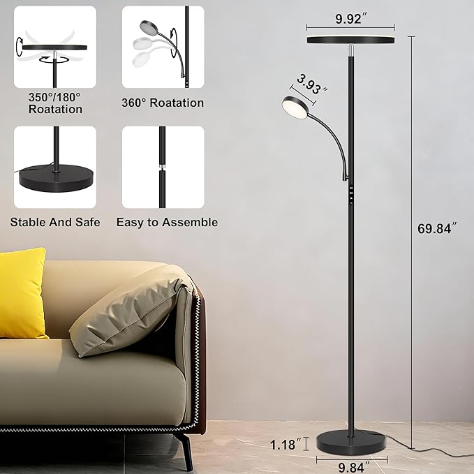 Floor Lamp-42W/4200LM Super Bright Floor Lamp,Dimmable 2-in-1 LED Floor Lamp with Reading Light,69" Tall Standing Lamp with Remote & Touch Control,Modern Floor Lamps for Bedroom,Living Room,Office