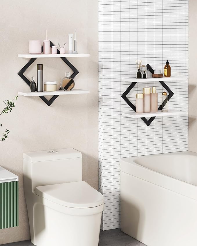 IBUYKE Floating Shelves,15 Inch Wall Shelf Set of 2,Wall Mounted Shelves,2 Tier Hanging Decorative Storage Shelf for Living Room, Bedroom, Bathroom, Kitchen TFS003W-2