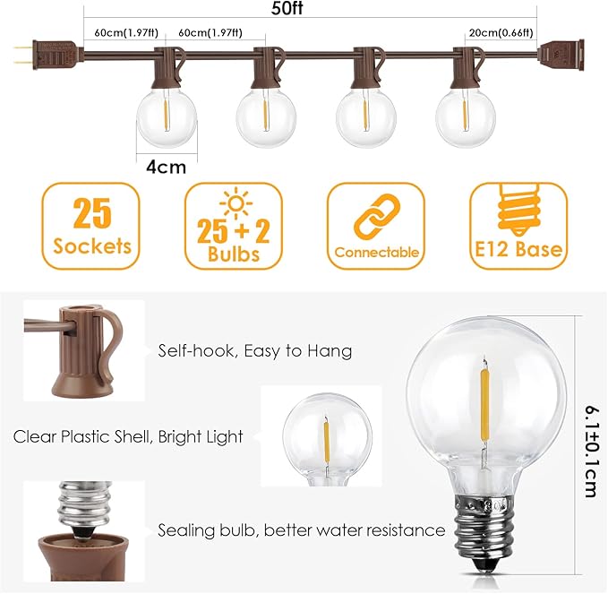 Mlambert 50Ft Outdoor String Lights, G40 Globe Patio Lights with 25+2 Waterproof LED Hanging Plastic Bulbs for Gazebo Pergola Cafe Bedroom-Brown Wire