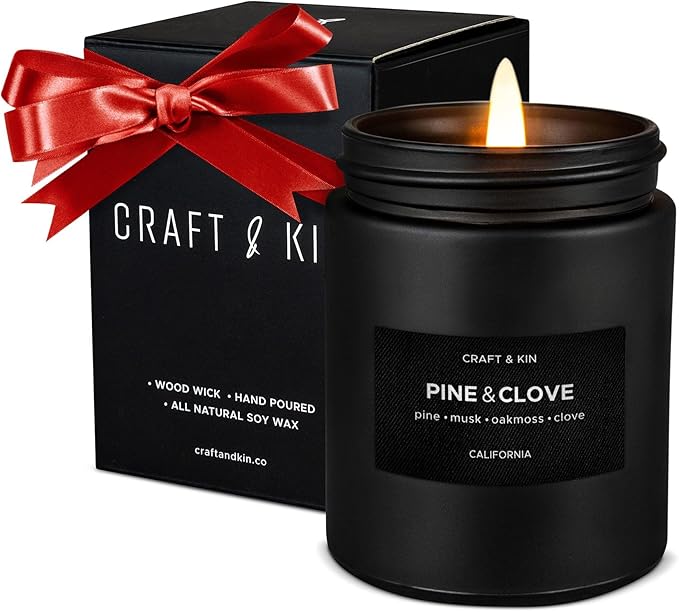 Craft & Kin Premium Pine & Clove Candle | Black Christmas Scented Candles for Home | Christmas Tree Candle | Long Lasting with 45 Hour Burn Time, 7.6oz | Soy Holiday Candles | Aromatherapy at Home