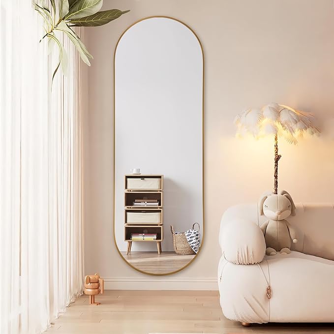 Oval Full Length Mirror, 71"×24" Wall-Mounted Floor Mirror with Metal Frame, Ultra-Clear Explosion-Proof Dressing Mirror, Simple and Classic Deco for Cloakroom/Bedroom/Living Room, Gold