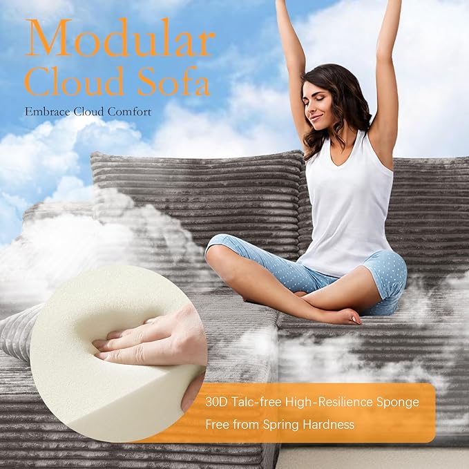 106'' Boneless Couches for Living Room, L Shaped Modular Sectional Sofa with Chaise Lounge, Faux Rabbit Fur & Layered Cushion Deep Seat Cloud Couch, No Assembly (Light Coffee, Left Facing Chaise)