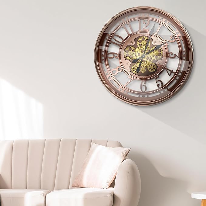 21 Inch Moving Gear Wall Clock for Modern Farmhouse Living Room Decor,Large Industrial Steampunk Wall Clock for Home Office,Metal Red Copper