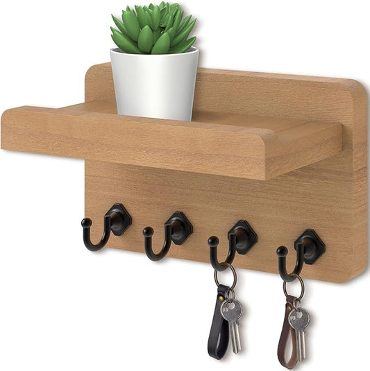 Nekon Key Holder Wall Mount, 8.5 Inch Small Home Decor Wooden Wall Organizer with 4 Hooks and Shelf, Key and Mail Holder for Living Room Entryway Kitchen (Wood)