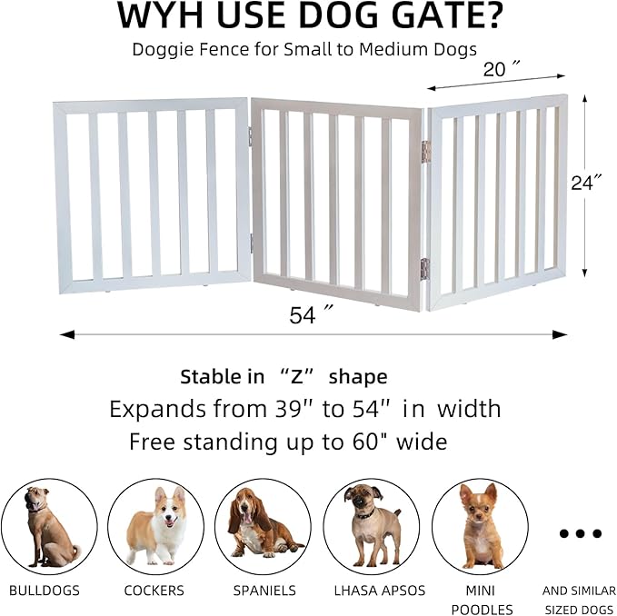 ZJSF Freestanding Indoor Dog Gate for House Foldable Wood White Puppy Gate for Doorways Pet Gate for Stairs Extra Wide Pet Fence 24" Height 3 Panels