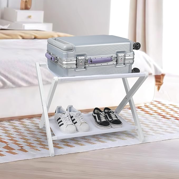 VASMIA Luggage Rack, Folding Suitcase Stand with Storage Shelf Set of 2, Bamboo Luggage Stand for Guest Room,Bedroon and Hotel,Holds up to 131 lb,Fit Most Luggage Size,White